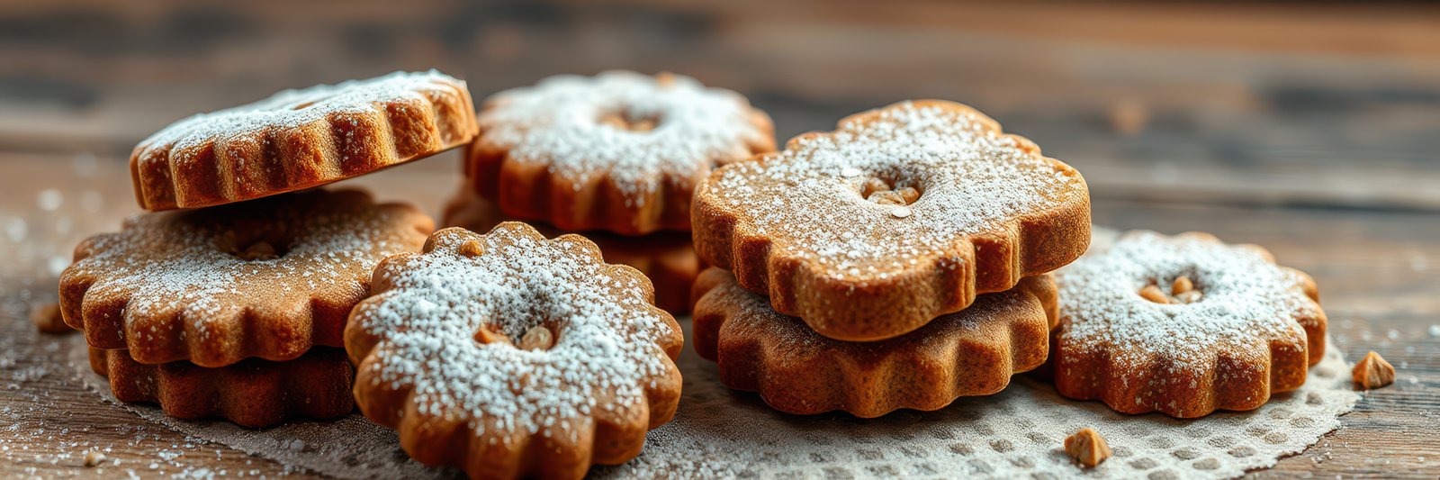 Homemade spiced cookies dusted with powdered sugar on a rustic wooden table
